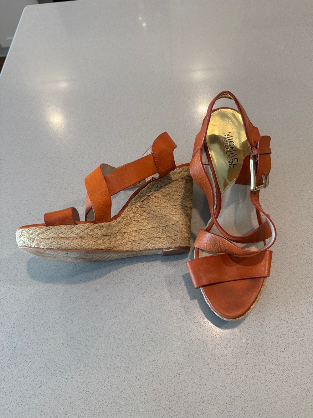 Michael Kors Sz 8 Orange Leather Espadrille Wedge Sandals
